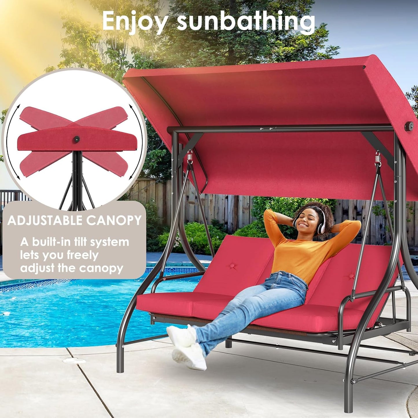TLSUNNY 3-Seat Outdoor Patio Porch Swing with Adjustable Canopy & Backrest, Convertible Glider Bed with Stand, Removable Seat Cushion, 45° Tilt Adjustment for Backyard, Poolside, Balcony - 750LBS-VerdiqueGarden