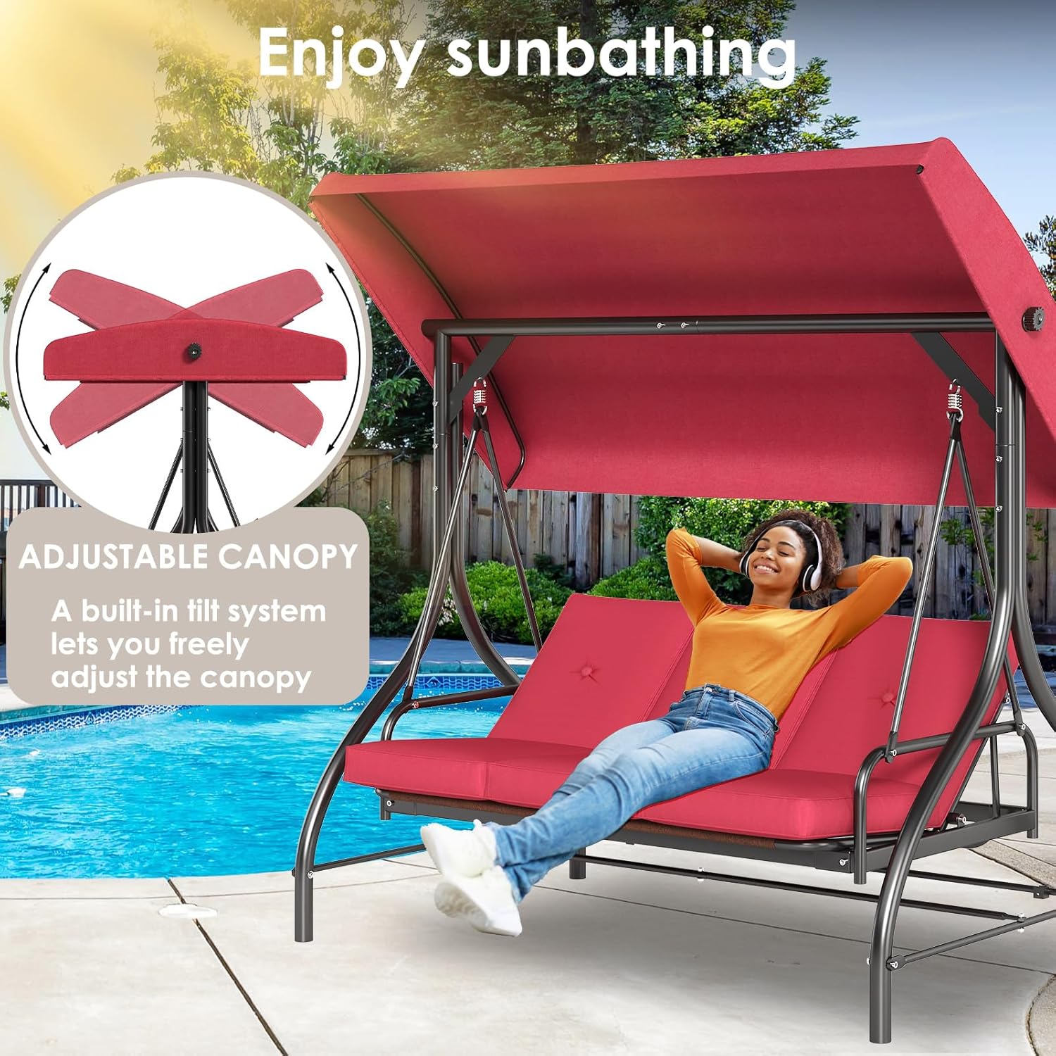 TLSUNNY 3-Seat Outdoor Patio Porch Swing with Adjustable Canopy & Backrest, Convertible Glider Bed with Stand, Removable Seat Cushion, 45° Tilt Adjustment for Backyard, Poolside, Balcony - 750LBS-VerdiqueGarden