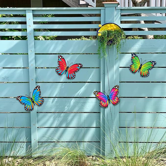 Oraytteo 4 Pack Metal Butterfly Wall Decor, Butterflies Wall Art Hanging Sculptures for Outdoor, Fence Patio Yard Tree Garden Home Decorations, Housewarming Gift-VerdiqueGarden