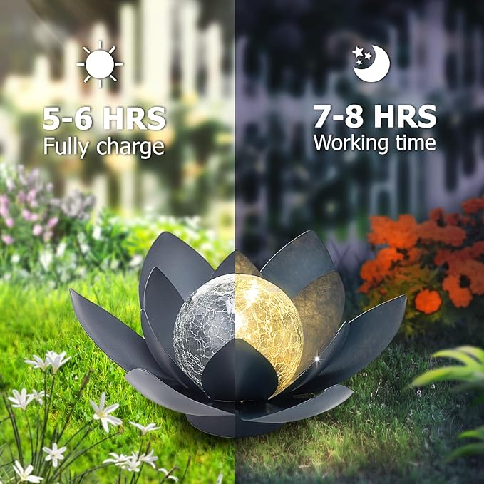 Huaxu Solar Lights Outdoor Garden Decor Crackle Glass Globe Lotus Flower Gray Metal Waterproof Light for Patio, Lawn, Walkway, Tabletop, Ground,Christmas Gifts for Mom,Women-VerdiqueGarden