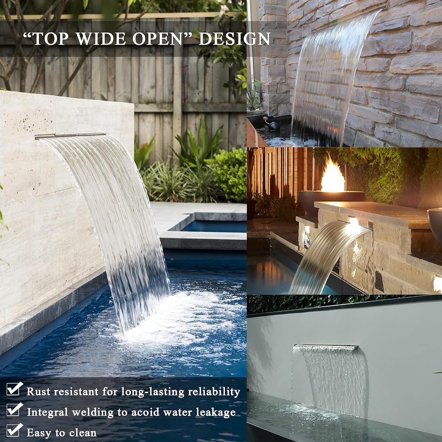 24" Water Pool Fountain 304 Stainless Steel Lighted Pool Waterfall Spillway with Wider Water Flow Platform, Multi-Color LED Strip Light with Remote Control for Indoor, Garden, Outdoor Decoration-VerdiqueGarden