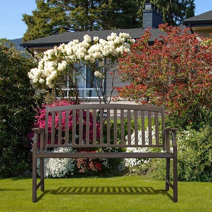 Grand patio 52" Farmhouse Outdoor Bench, Garden Benches with Rust Free Metal Powder Coated Frame and Aluminum Backrest, Faux Wood Grain Finish Frame Patio Bench for Front Porch, Northwoods Brown-VerdiqueGarden