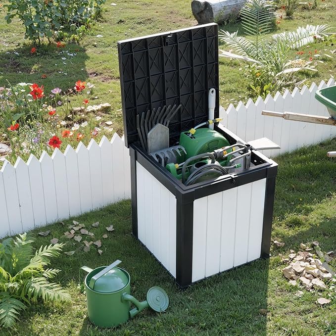 50 Gallon Resin Deck Box, Lockable Outdoor Storage Box for Patio Cushions Storage Furniture,Garden Tools, Pool Supplies, Weatherproof and UV Resistant (Black&White)-VerdiqueGarden