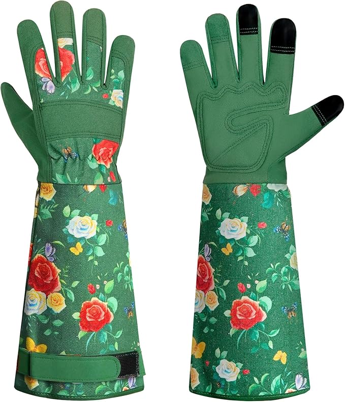DLY Gardening Gloves,Leather Rose Gloves,Women's Long Glove for Gardening Work and Yard Work,Durable and Comfortable(Large, Green-VerdiqueGarden