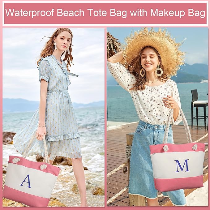YOOLIFE Beach Bags for Women - Initial Tote Waterproof Bag with Makeup Bag, Mothers Day Gifts for Women Mom Friend Birthday-VerdiqueGarden
