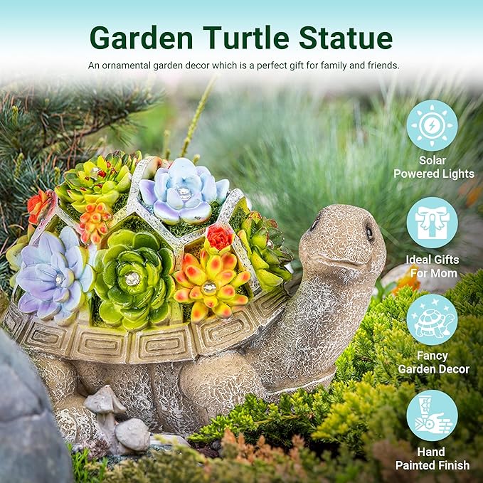 GIGALUMI Solar Garden Statues Turtle Figurine Lights for Outside, Yard Decorations Outdoor, Garden Decor Unique Birthday Housewarming Gifts for Mom, Women for Mothers Day-VerdiqueGarden