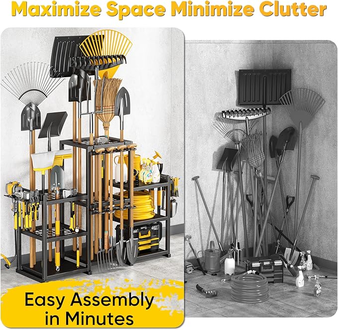 42" H Large Garden Tool Organizer, Holds Up to 86 Tools, Heavy Duty Yard Tool Organizer for Garage, 61“ Wide Lawn Freestanding Tool Storage Rack for Outdoor Shed Tool Rake, Shovel, Brooms-VerdiqueGarden