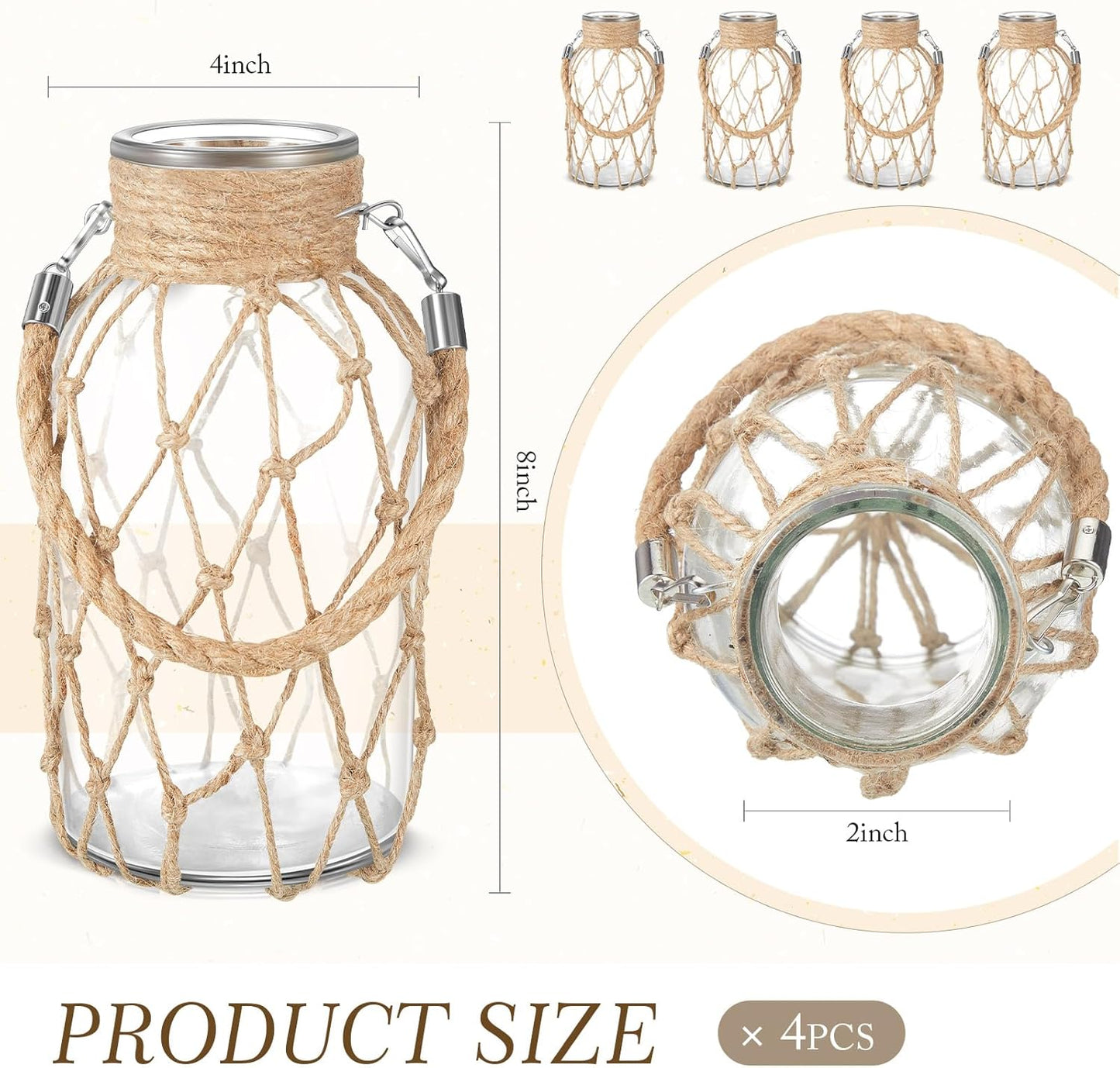 Set of 4 Rope Net Dry Flower Glass Vase 7.9 x 4 Inches Wicker Farmhouse Vase Coastal Decor for Wedding Tables Home Rustic Hanging Mason Jar Rope Wrapping Decorative Bottles Nautical Decor-VerdiqueGarden