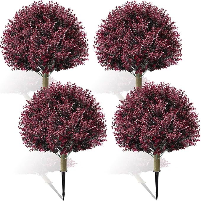 Yunlly 4 Pcs 18 Inch Artificial Boxwood Ball Topiary Tree Fake Outdoor Plants Bush, UV Resistance Faux Shrub with Spike Realistic Greenery Potted for Indoor Garden Yard Porch Patio Decor (Dark Purple)-VerdiqueGarden