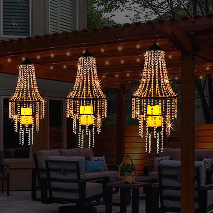 Battery Operated Hanging Chandelier Outdoor Indoor, 28” Modern Acrylic Crystal Hanging Beaded Lantern with Led Candle Light, Pendant Lights Decor for a Gazebo, Garden, Backyard, Patio, Balcony, Porch-VerdiqueGarden