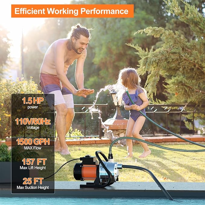 1.5 HP Portable Water Transfer Pump 1500 GPH Shallow Well Pump Garden Booster Sprinkler Pumps for Irrigation Lawn Farm Water Removal with Adapters, Orange-VerdiqueGarden