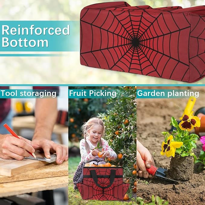 Spiders Web Red Gardening Tool Bag,Heavy Duty Garden Tote Bag,Portable Oxford Gardening Storage Basket Organizer Handbag with Pockets Handle,Hand Tools Gifts for Outdoor Garden Lawn-VerdiqueGarden