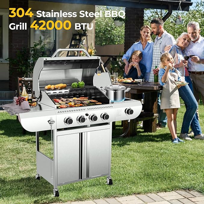 R.W.FLAME 4-Burner Gas Grill with Side Burner, Stainless Steel Propane Grill 42000BTU for Outdoor Cooking, with Porcelain-Enameled Cast Iron Grates, Baking Pan, Silver-VerdiqueGarden