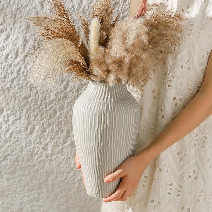 Ceramic Vase for Home Decor,11.6 Inch Flower Vases,Decorative Blue Vase for Pampas Grass,Modern Art Texture Vases for Home Entryway Living Room Dining Table Farmhouse Office Decor(Grey)-VerdiqueGarden