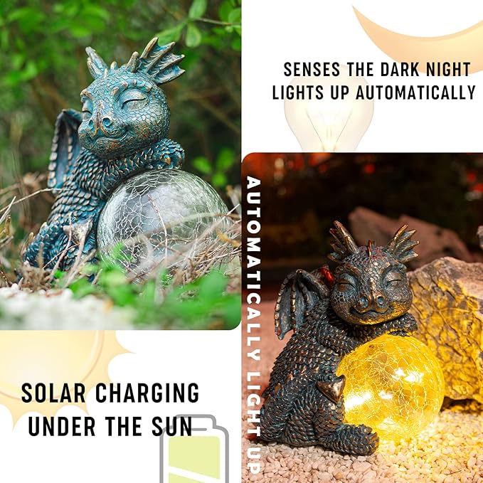 WONDER GARDEN Dragon Statue - Sleeping Dragon Figurines Solar Light Resin Garden Statues with Crackled Glass Globe Outdoor Waterproof Lawn Ornament Decor-VerdiqueGarden