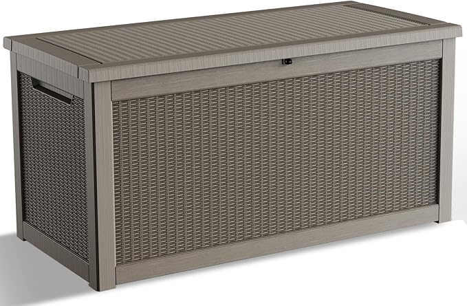 DRATO 260 Gallon Deck Box, Outdoor Large Waterproof Resin Storage Box with Lockable Lid for Patio Cushions, Gardening Tools, Sports Equipment, Light Brown-VerdiqueGarden