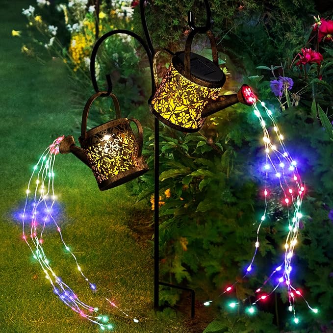 MEREAR Solar Watering Can Lights Outdoor with 8 Multi-Color Changing Modes, IP65 Waterproof Landscape Light Garden Decor, One Pole Two Lights Outside Decorations for Lawn, Backyard, Patio, Chrismas-VerdiqueGarden