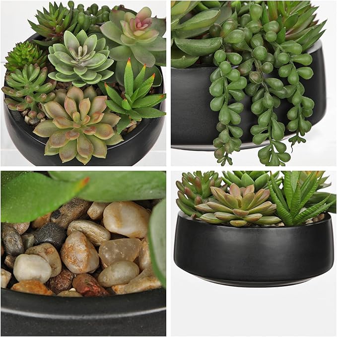 DILATATA Artificial Succulent Plants in Pot 5.5 Inch Fake Succulents Arrangement Potted Plant in Black Ceramic Planter Bowl for Home Office Desk Shelf Living Room Bedroom Bathroom Decor-VerdiqueGarden