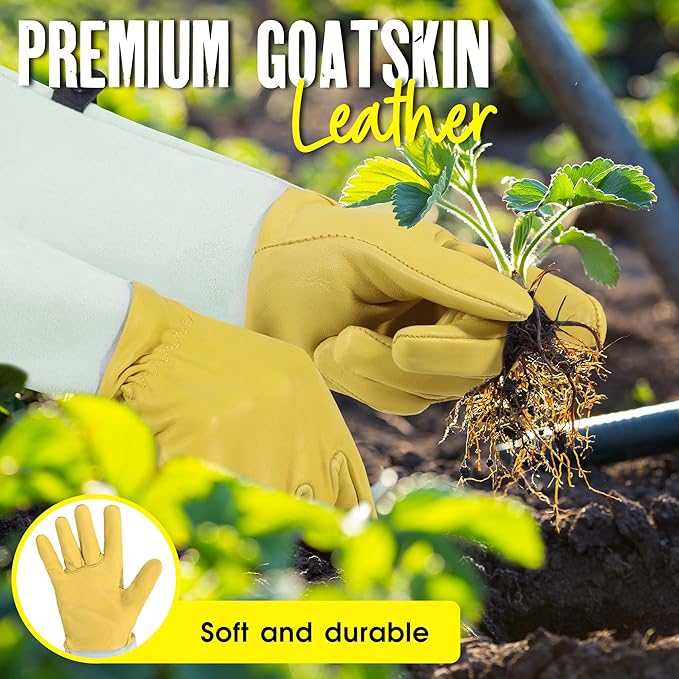 HANDLANDY Rose Gloves for Men & Women, Long Leather Gardening Gloves Thorn Proof, Best Garden Gifts & Tools for Gardener (Yellow-beige, Large (Pack of 1))-VerdiqueGarden