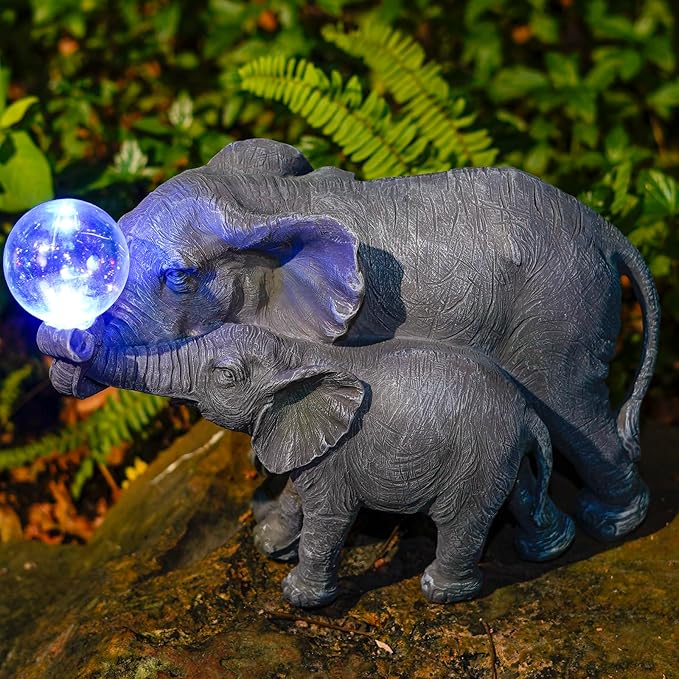 Solar Elephant Statues Lights for Outdoors Garden Decor, Large Outdoor Elephant Statues, Modern Elephant Resin Statue Decorations with Color-Changing Bulb, Unique Housewarming Gifts for Mom, Women-VerdiqueGarden