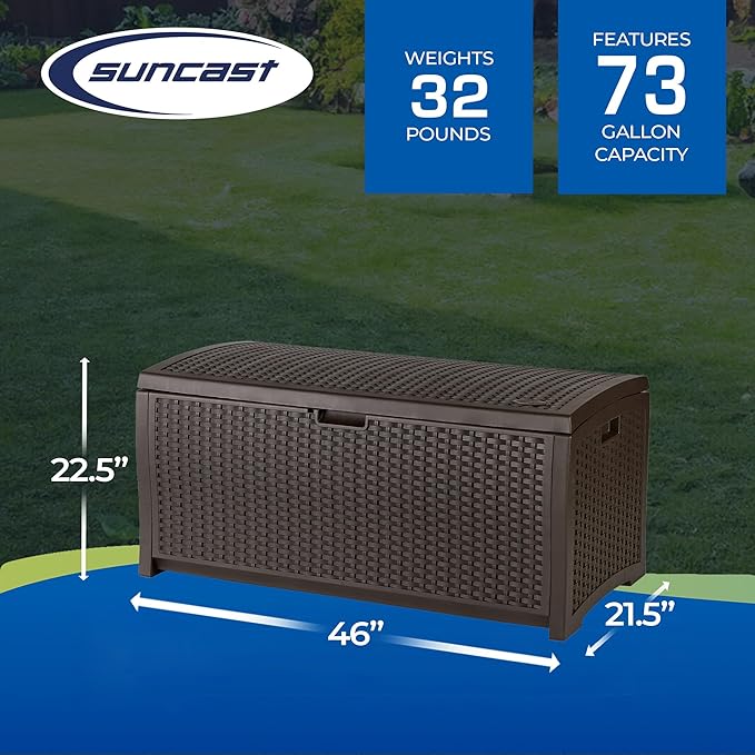 Suncast Outdoor Storage Box - 73 Gallon Mocha Brown Deck Box for Patio, Waterproof Outdoor Storage Bench, Resin Wicker Style, Heavy-Duty, Lockable Lid for Cushions, Shoes, Pool & Garden Gear-VerdiqueGarden