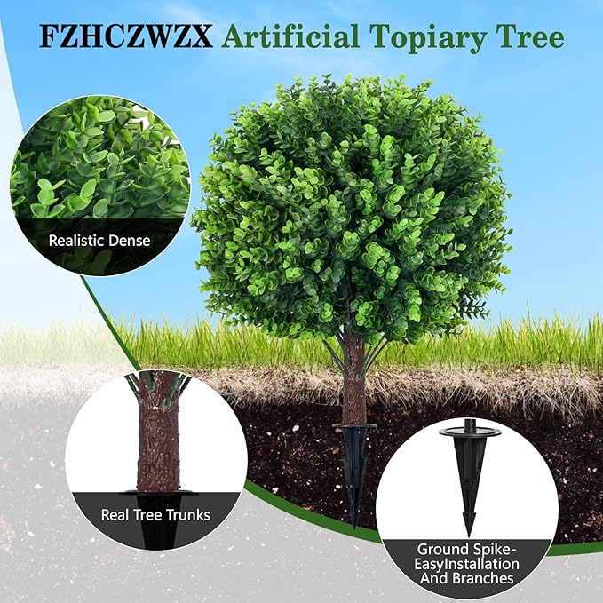 Artificial Topiary Tree with Eucalyptus, Set of 2 UV Resistant 17in Miniature Trees, Outdoor for Porch, Fake Bonsai Topiaries, Greenery Balls, Faux Shrubs for Planters, Curb Appeal Decor-VerdiqueGarden