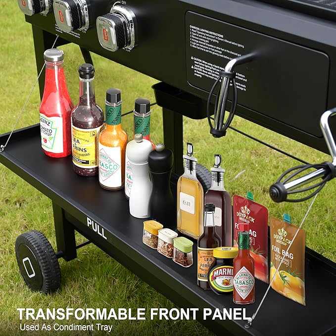 Brand-Man Propane Gas and Charcoal Grill Combo, Dual Fuel BBQ Combo Grill with Stainless Steel Dual Lids & 2 Side Shelves for Outdoor Kitchen & Backyard Barbecue Cooking-VerdiqueGarden