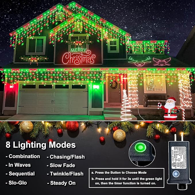 Icicle Lights for Outside, 33FT 400 LED Christmas Lights Outdoor with Waterproof 8 Modes, Plug in Connectable String Twinkle Light for Indoor Roof Window Garden Fence Party Decorations, Red Green-VerdiqueGarden