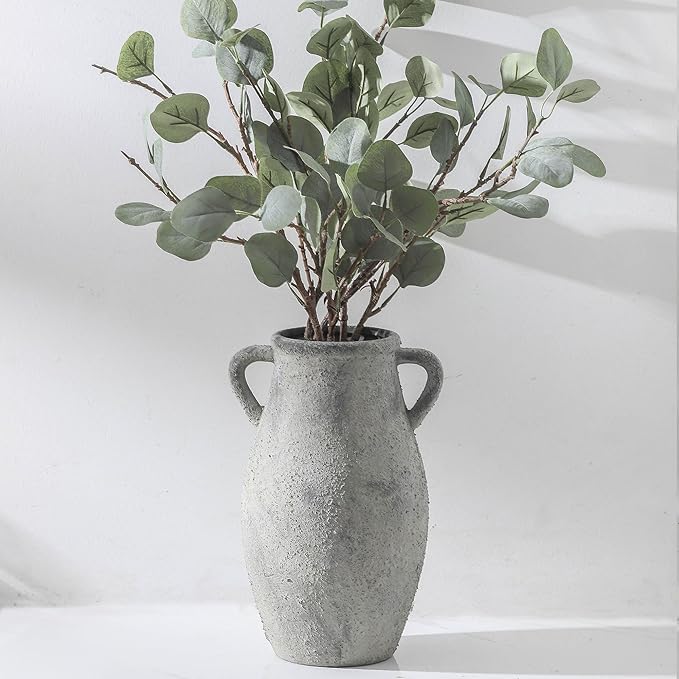 Large Ceramic Rustic Vase,11.3 inch Tall Farmhouse Flower Vase with 2 Handles for Home Decor, Living Room Entryway Table Centerpiece Decor-VerdiqueGarden