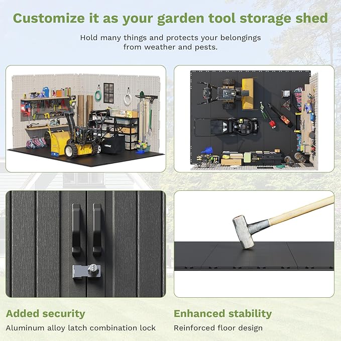 Patiowell 8 x 10 FT Resin Outdoor Storage Shed with Floor, Plastic Shed with Window and Lockable Door for Garden, Backyard, Tool Storage Use, Easy to Install in Beige (Kick-it Shed)-VerdiqueGarden