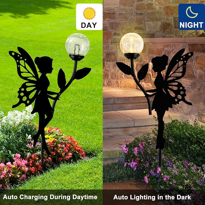 Ouddy Decor 2 Pack Solar Fairy Garden Decor, Metal Statues with Crackle Glass Globe Lights Silhouette Waterproof for Outdoor Lawn Patio Yard Pathway Home Decorations Gardening Gifts for Mother's Day-VerdiqueGarden