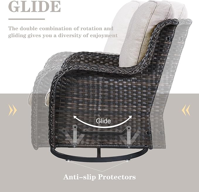 Wicker Outdoor Furniture Patio Furniture Set - 6 Piece Patio Conversation Set with Swivel Rocker Chairs, Rattan Sofa, Ottomans and Coffee Table, Beige Cushion-VerdiqueGarden