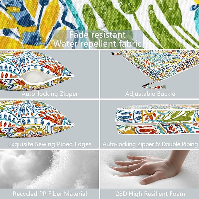 LVTXIII Outdoor Deep Seat Cushion 24"x24"x4" Patio Seat and Back Cushion Set Seasonal Chair Cushion for Dining Arm Chairs, Wicker Chairs and Garden Furniture Decoration, Paisley Multi-VerdiqueGarden