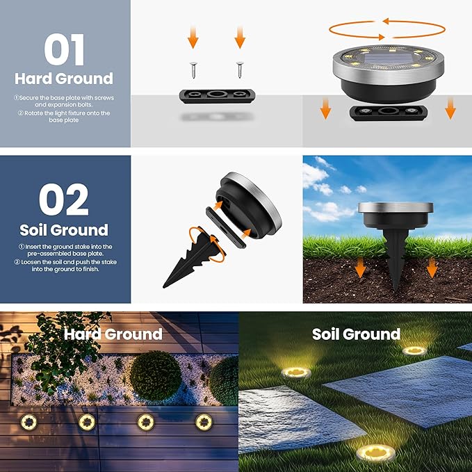 SOLPEX 2 Pack Solar Ground Lights Outdoor Waterproof, Solar Powered Pathway Lights, Landscape Lighting for Garden Walkway Driveway Backyard Decor (Warm White)-VerdiqueGarden
