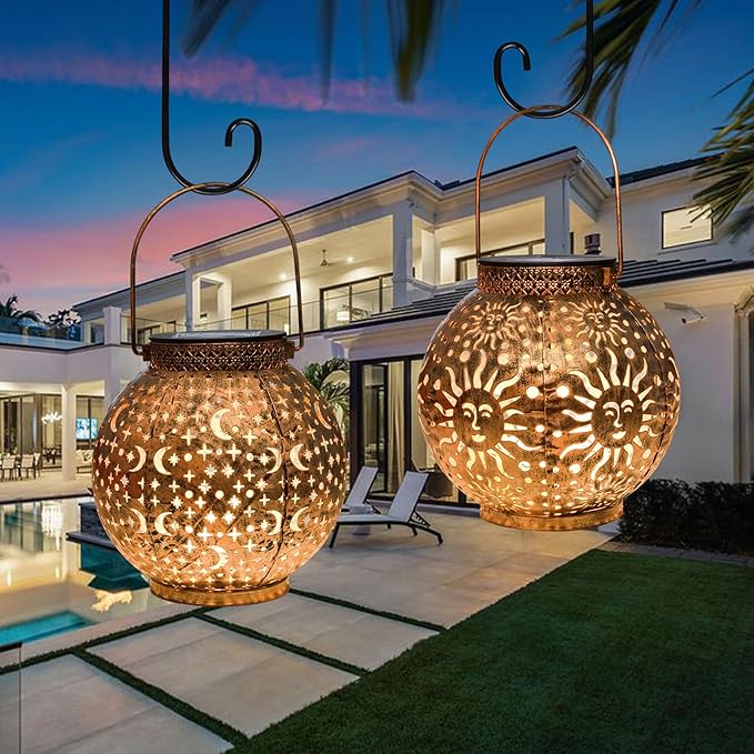 Go2garden Outdoor Solar Lanterns Waterproof Garden Gifts Women Yard Decorations Metal Moon Sun Hanging Solar Lights for Patio, Balcony, Tabletop,Birthday Mothers Day Gifts for Mom (Bronze,2Pack)-VerdiqueGarden
