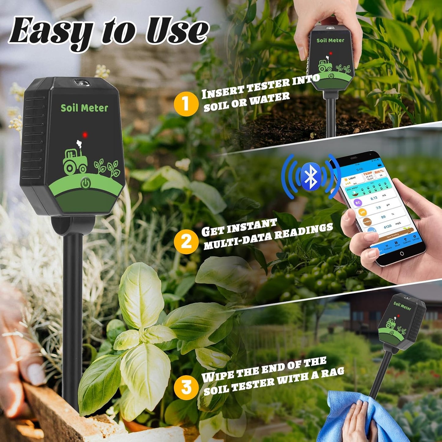 Smart Soil pH Tester Digital Soil Moisture Tester 8 in 1- pH, EC, Moisture, Fertility, Salinity, Sunlight, Humidity, Temperature Monitor Soil Test Kit for Garden, Lawn, Hydroponics-VerdiqueGarden