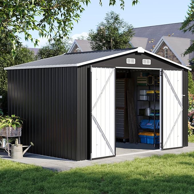 Aoxun 9.4x7.3x6.5 FT Outdoor Storage Shed, Garbage Can, Outdoor Metal Shed for Tool, Garden, Bike, Placed in Patio, Garden (Black)-VerdiqueGarden