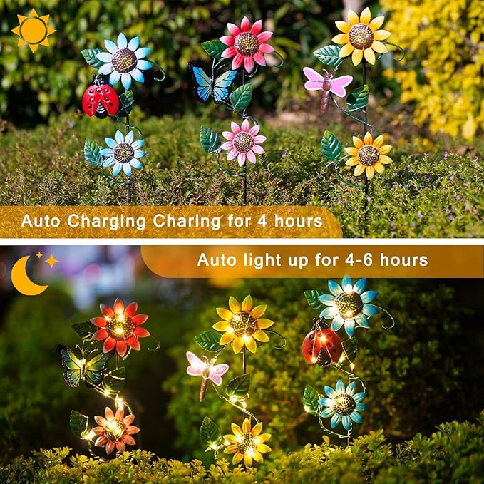 3 Pack Solar Garden Light, Sunflower & Insect Metal Solar Stake Lights, Outdoor Statues Figurine Lights for Spring Garden Lawn Patio Yard Decor-VerdiqueGarden