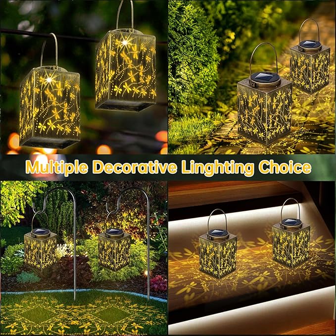 2 Pack Solar Lanterns Outdoor Waterproof - Metal Solar Garden Lights for Patio Porch Yard Garden Decor, Christmas Birthday Gifts for Women Mom Men (Dragonfly)-VerdiqueGarden