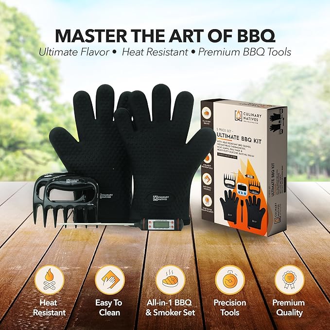 Meat Claws and Smoker Gloves | No.1 Heat Resistant BBQ Grill Gloves | Pulled Pork Claws | Thermometer | Silicone Oven Mitts & Razor-Edge Meat Shredders | Barbecue, Grilling, Smoking, Shredding (Black)-VerdiqueGarden