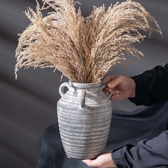 Grey Terracotta Ceramic Vase with Handles, Vintage Rustic Pottery Vases for Table Centerpiece, Cottage Core Home Decor, Large Flower Vases for Bouquet Entryway Mantel Bookshelf Living Room 8.9 Inch-VerdiqueGarden