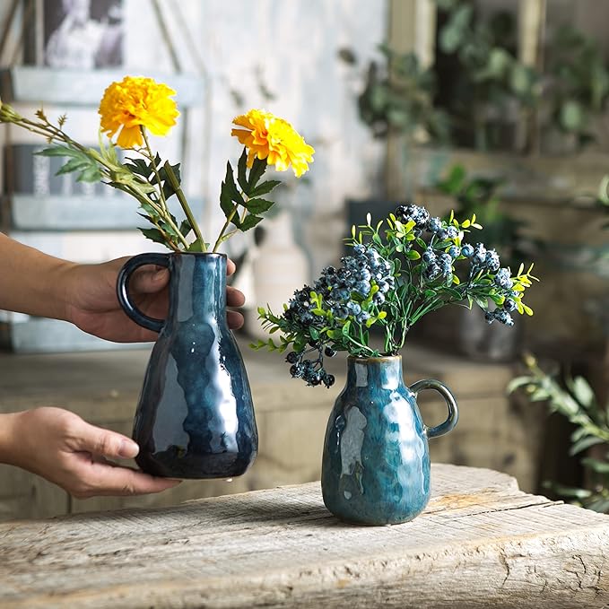 Ceramic Vase Set of 2, Blue Glazed Small Pottery Vases with Handles, Decorative Clay Vase Modern Farmhouse Decor, Centerpiece Dining Table Decorations Porcelain-VerdiqueGarden