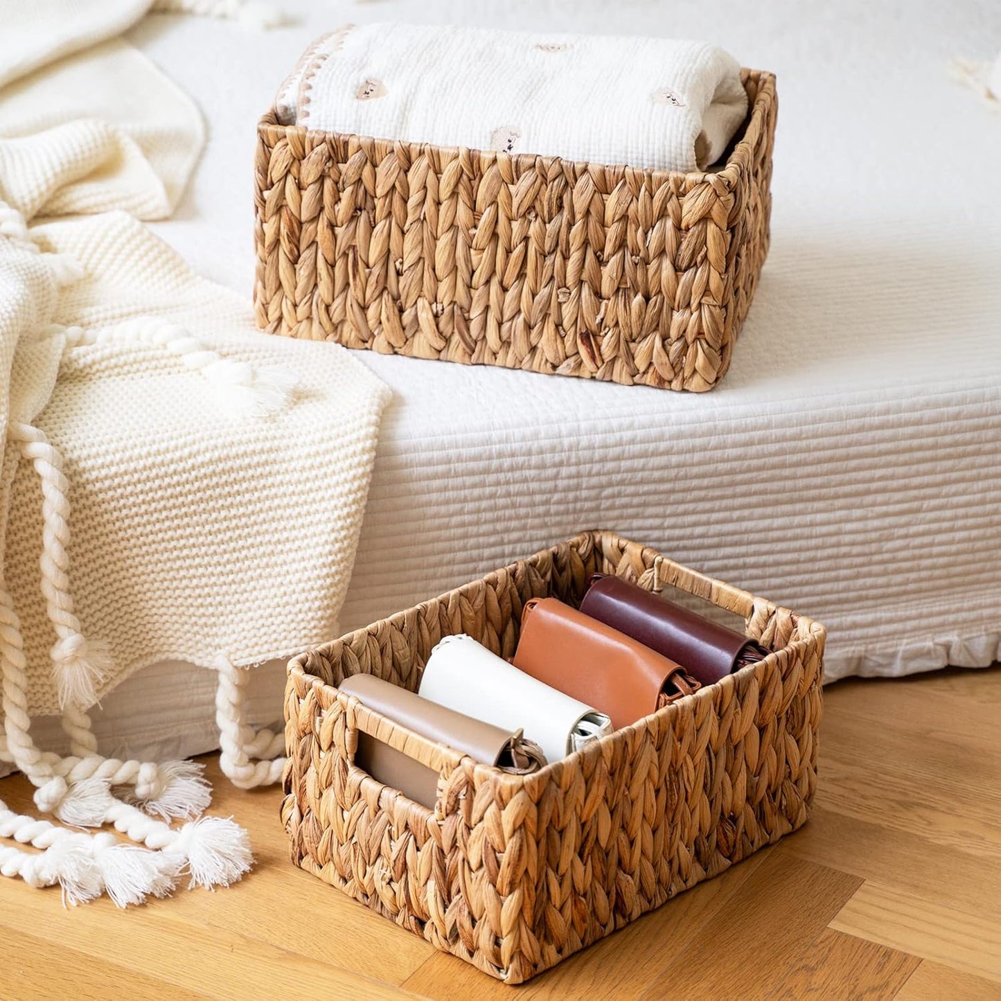 FairyHaus Wicker Baskets 15x11x7 & 13.4x9.5x6.5, 2 Pack Handmade Big Wicker Storage Basket with Handles, Natural Water Hyacinth Wicker Baskets for Storage Shelves Organizing, Rectangle Wicker Basket-VerdiqueGarden