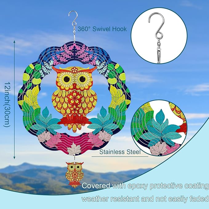 TUOKING Owl Wind Spinners Outdoor Metal 3D Hanging Art Wind Spinner 12 Inch Stainless Steel for Yard and Garden Decoration Worth Gift for Women-VerdiqueGarden