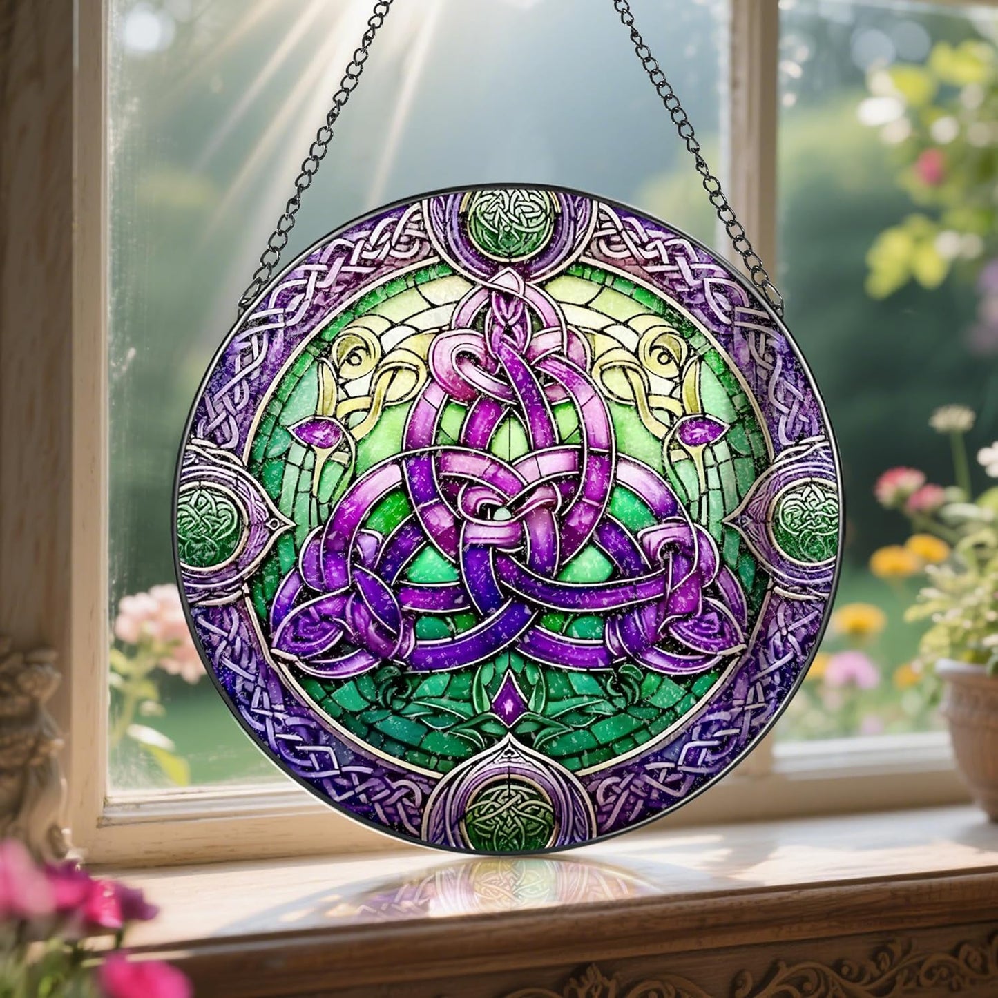 Stained Glass Window Hanging, LAOWEIKI 8'' Celtic Knot Suncatcher, Stained Glass Ornament, Suncatchers for Windows Hanging, Window Decor, Outdoor or Indoor, Gifts for Friends, Women, Art Lover-VerdiqueGarden