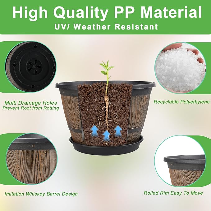 10-inch-Plant-Pots-Indoor-Outdoor, 4 Pack Whiskey Barrel Planters with Drainage Holes & Saucer, Plastic Flower Pots Imitation Wine Barrel Design, Decorative Garden Pots for Plants-VerdiqueGarden