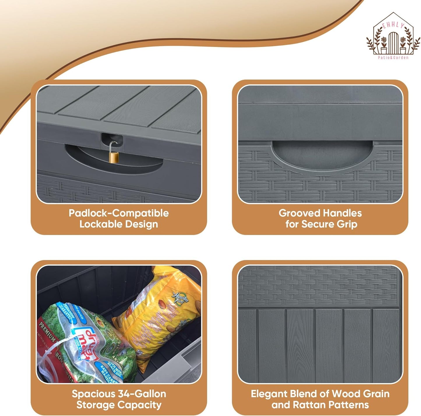 33 Gallon Deck Box, Small Outdoor Storage Box Waterproof, Lockable Secure Package Bin Delivery Box for Outside Front Porch, Patio Cushions Storage Box, Delivery Driver Snack Box for Porch, Grey-VerdiqueGarden