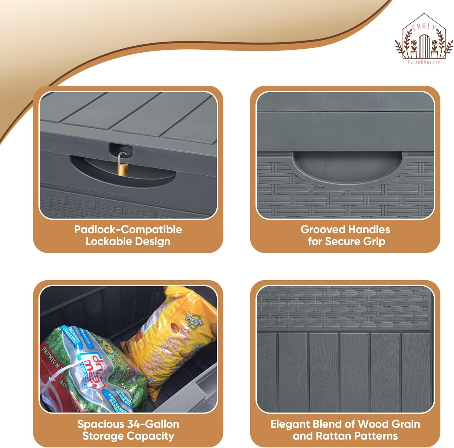 33 Gallon Deck Box, Small Outdoor Storage Box Waterproof, Lockable Secure Package Bin Delivery Box for Outside Front Porch, Patio Cushions Storage Box, Delivery Driver Snack Box for Porch, Grey-VerdiqueGarden