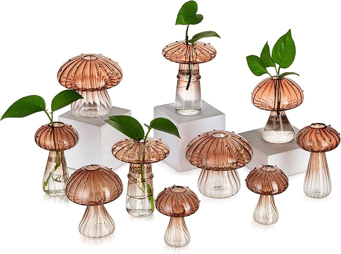 Glasseam Mushroom Plant Propagation Stations: Amber Glass Terrarium Jar Set of 10 Cute Planters for Indoor Plants Mini Propagate Station Unique Christmas Birthday Gifts for Women Home Office Decor-VerdiqueGarden