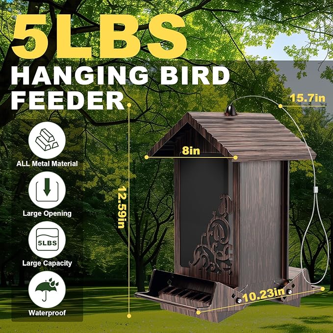 Squirrel Proof Bird Feeder for Outdoor Hanging,Metal Bird Seed Feeder with Bilateral Weight Activated Perches,5LB Large Capacity Wild Bird Feeders for Outside,Easy Refill and Clean,Brown-VerdiqueGarden